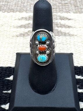 Navajo Native American Sterling Silver Turquoise Coral Multi Stone Ring 6.75